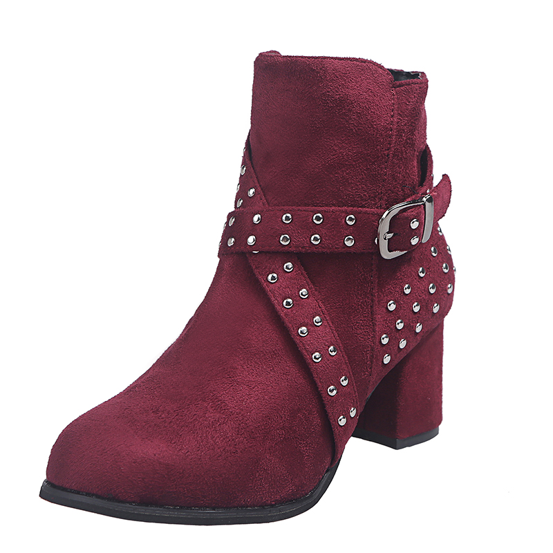 Winter Vrouwen Laarzen Enkel Cross Tie Klinknagel Kudde Gesp Puntschoen Zip Massief Rubberen Zool Mode Casual Schoenen Vrouwelijke Schoenen dames: Rood / 5