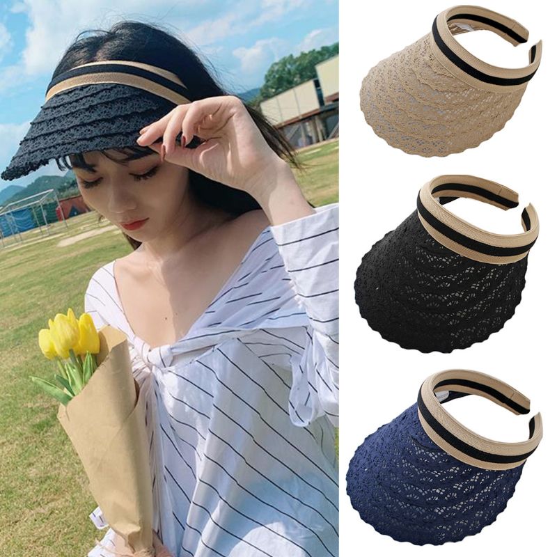 Cappello estivo da donna con visiera parasole vuota scava fuori cappello da spiaggia tutto'aperto a tesa larga in maglia a righe in pizzo floreale tutto'uncinetto