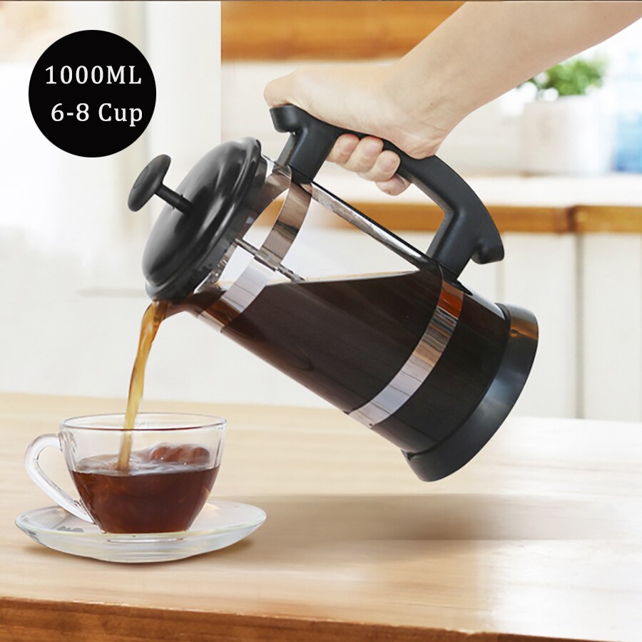 Fransk media kaffekanna vattenkokare 1000ml glastermos i rostfritt stål som används som kaffedryck, transparent och värmeisolerande