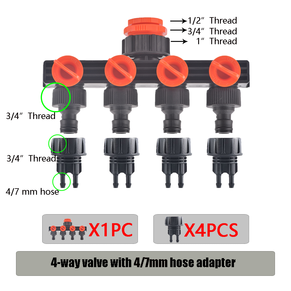 1/2'' 3/4'' 1'' Water Tap Splitter 4-Way Outlet Garden 4/7mm 8/11mm Watering Hose Adaptor Drip Irrigation for Greenhouse: YL-LJ-D