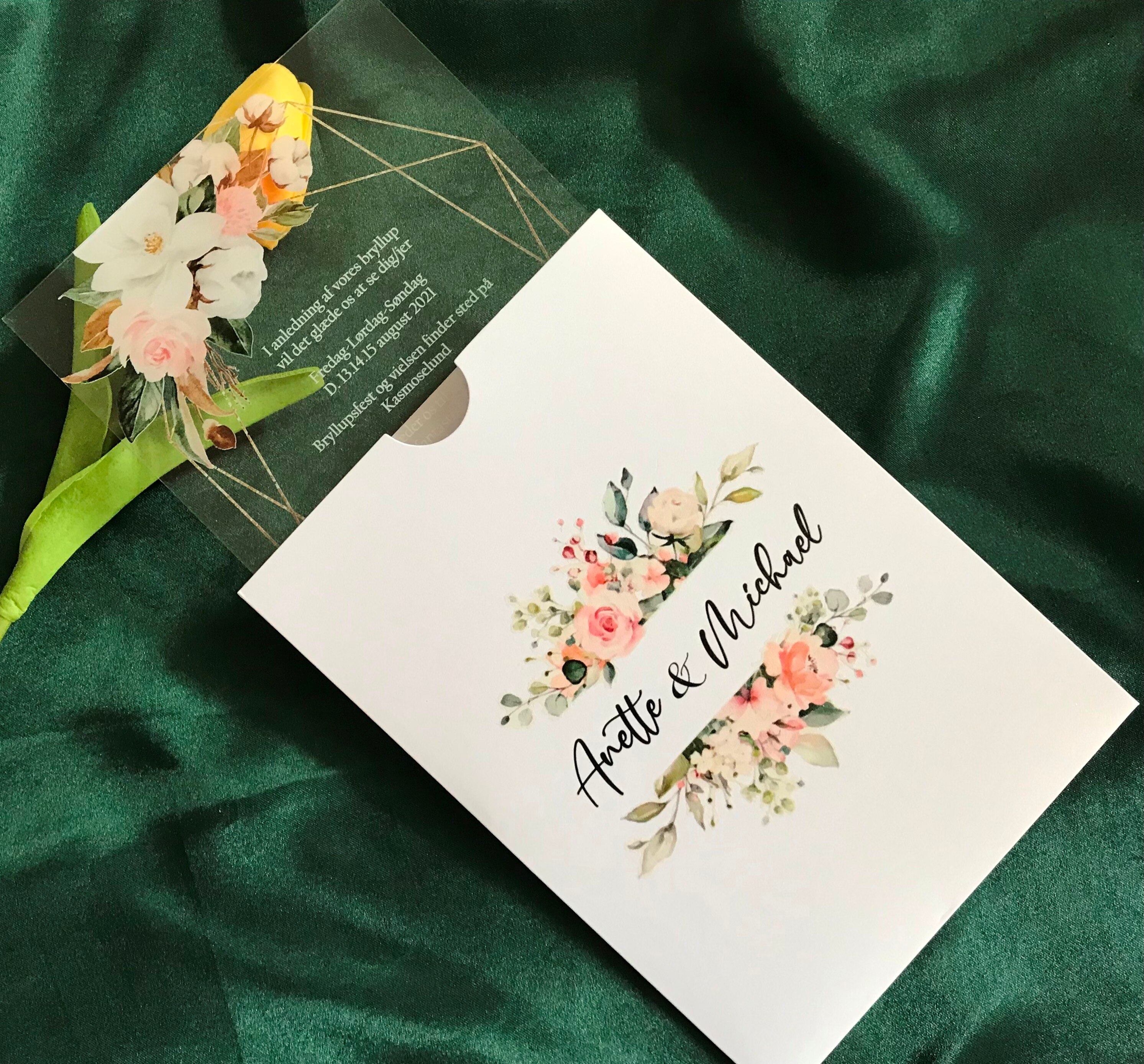 Gold Peony,Rose Flower Acrylic Wedding Invitation,Green Acrylic Invitation,Floral Pocket Envelopes,Custom 10pcs Gold Ink Invite
