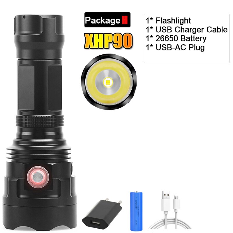 Super Bright XHP90 USB Rechargeable LED Flashlight Powerful Torch Waterproof XHP70 Light Use 18650 or 26650 Battery: Package H