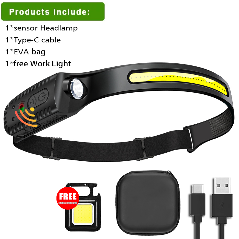 USB wiederaufladbare Stirnlampe, Induktionsscheinwerfer, COB-LED-Sensor, Stirnlampe, eingebauter Akku, Taschenlampe, 5 Beleuchtungsmodi, Scheinwerfer: Warmes Weiß