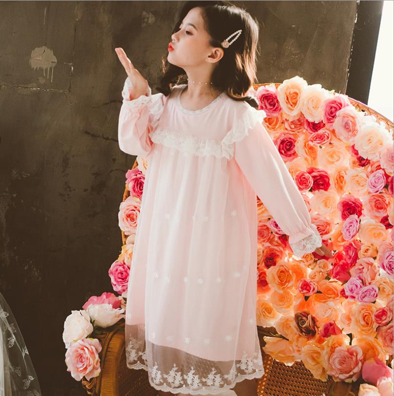Cotton princess embroidery sleep dress spring mesh patchwork cotton home clthes girls sleep wear ws1391