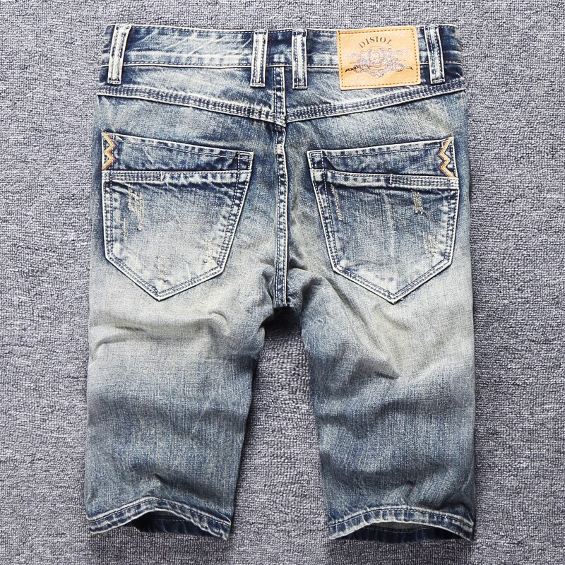 Pantalones vaqueros rasgados a la para hombre, pantalones cortos de tela vaquera Vintage Retro rota, ropa informal con de varias telas, pantalones cortos de estilo Hip Hop para hombre