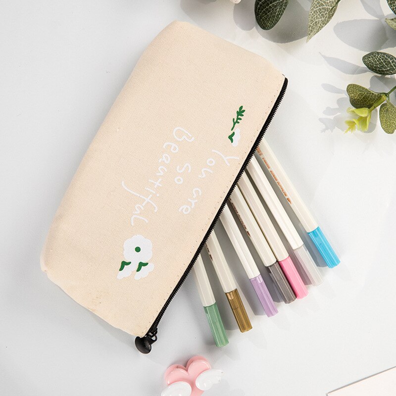 1 unidad de estuche de lápices Kawaii, bolsa de lápices de lona para plantas y flores, gran bolsa de almacenamiento, artículos de papelería para estudiantes útiles escolares para niños, para niños
