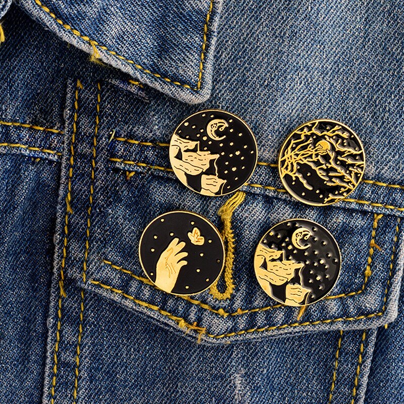 Creatieve Dark Pins Star Moon Mountain Emaille Pins Harde Emaille Pin Badges Mannen Vrouwen Mode-sieraden Legering Badges