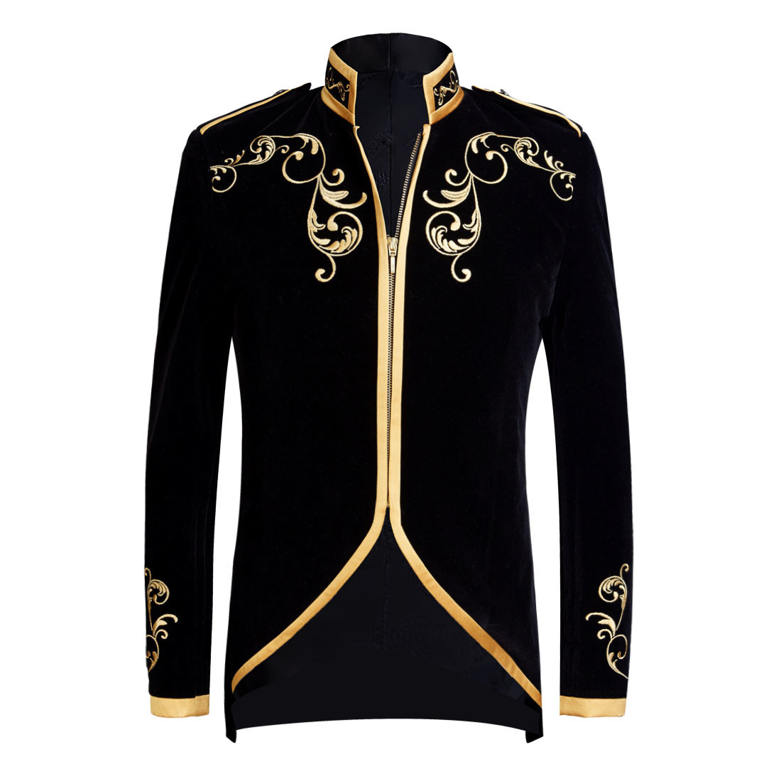 PYJTRL British Style Palace Prince Black Velvet Gold Embroidery Blazer Wedding Groom Slim Fit Suit Jacket Singers Coat: black / US size XL 44R