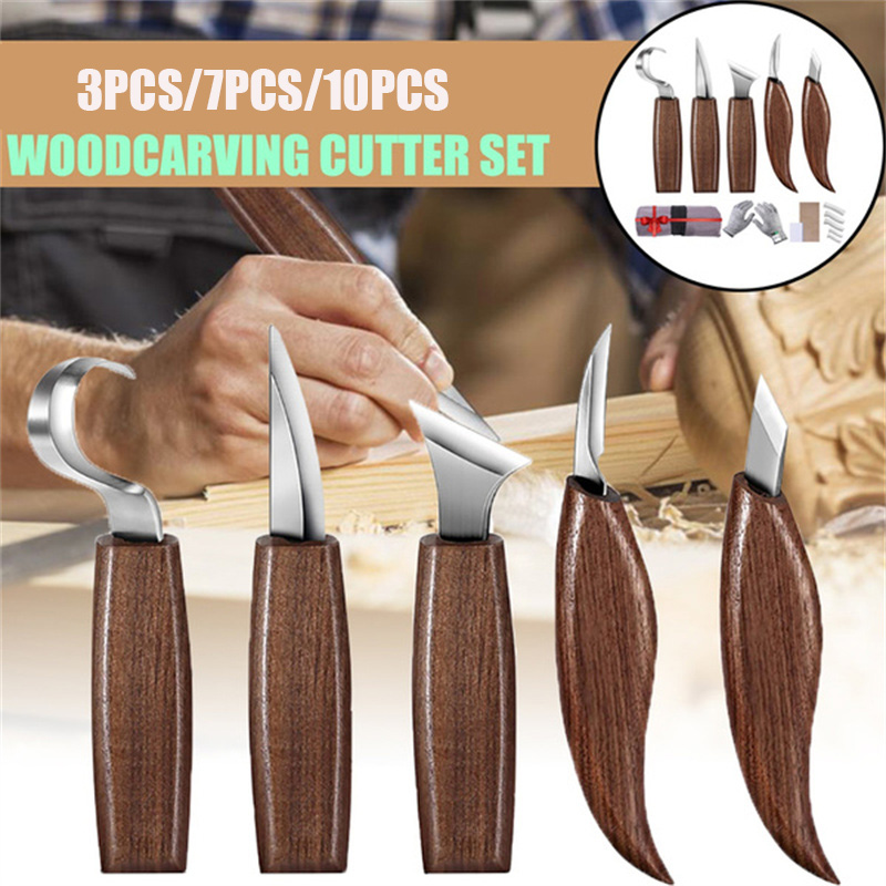 3/7/10pcs Chisel Woodworking Cutter Hand Tool Set Wood Carving Knife DIY Peeling Woodcarving Sculptural Spoon Carving Cutter