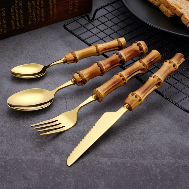 6Stck Natürliche Bambus Griff Geschirr Edelstahl Luxus Geschirr einstellen Steak Messer Nachtisch Gabeln Tee Löffel Gold Besteck