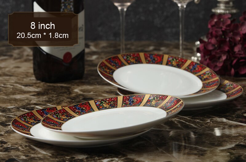 4pcs set, 8inch, fine bone china dinner plates set, noble ceramic dishes, porcelain platter, kitchen plate, steak plate dinning: 4pcs flatter plate