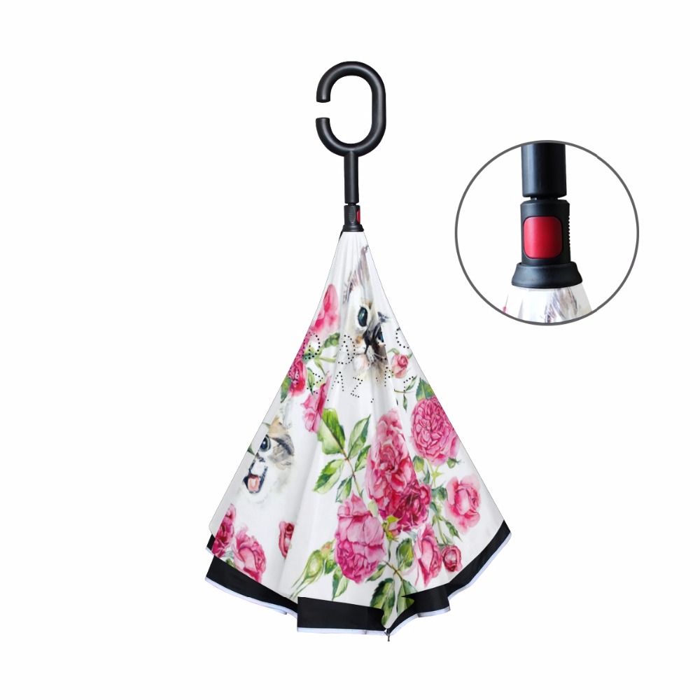 Parapluie inversé chat Double couche impression coupe-vent c-crochet mains pluie voiture grands parapluies inversés pour hommes/femmes