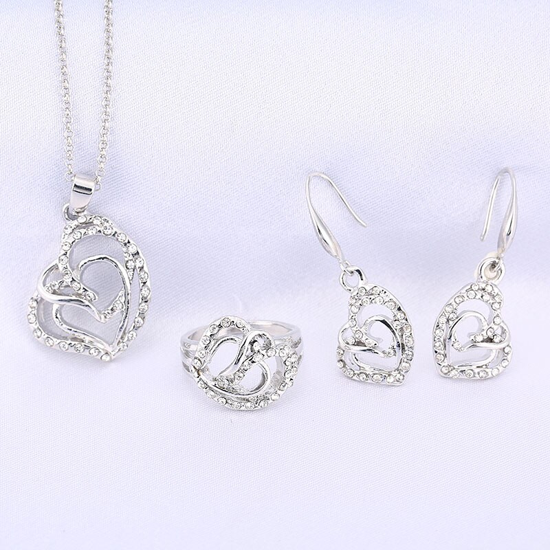 trendy Newest Rose Crystal African Costume Jewelry for Women Heart Shape Necklace Earrings Ring Sets