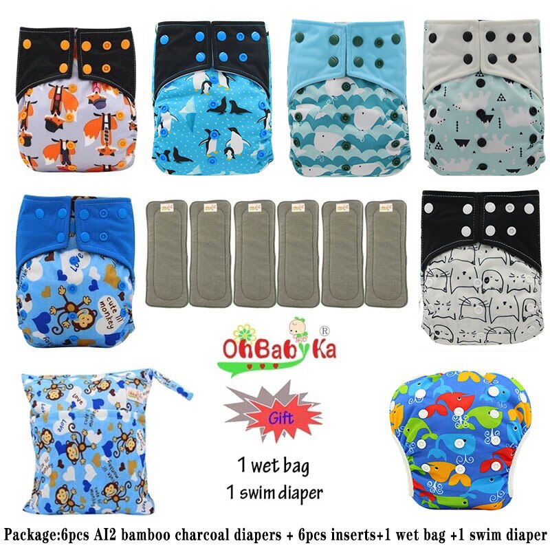 Ohbabyka AI2 wiederverwendbar Tuch Windeln für Mädchen, einstellbare Waschbar Windel 6 stücke + 6 stücke Bambus Holzkohle Einsätze + nass Tasche + Schwimmen Windel: 100