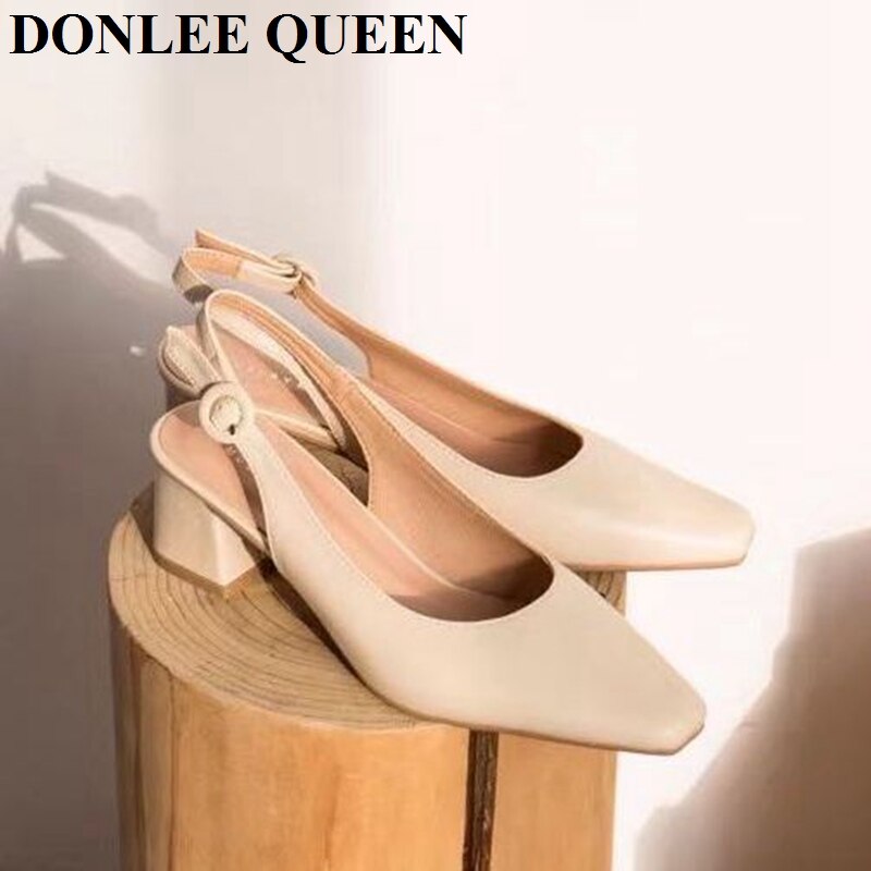 Firkantede høje hæle slingback sandaler kvinder slip på muldyr sko kvinder lavvandede kvindelige pumps til kontor dame arbejdssko