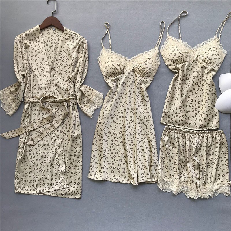 5pcs summer Sexy Leopard satins ice Silk robe suits women pajamas sets Korea Retro Spaghetti straps shorts women sleepwear