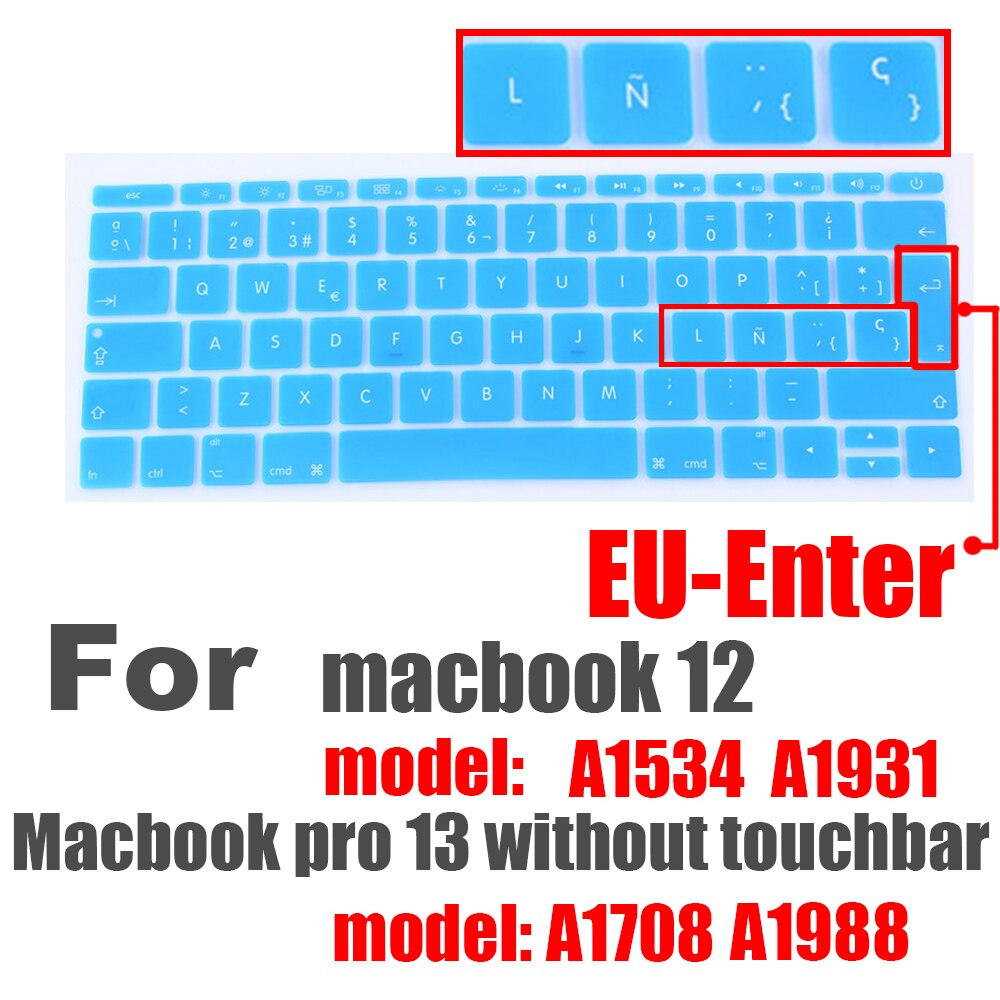 Hiszpański Laptop kolor silikonowa klawiatura pokrywa dla macbook pro13 A1708 A1988 12 &quot;retina A1534 A1931 folia ochronna klawiatura przypadku: EU Spanish blue