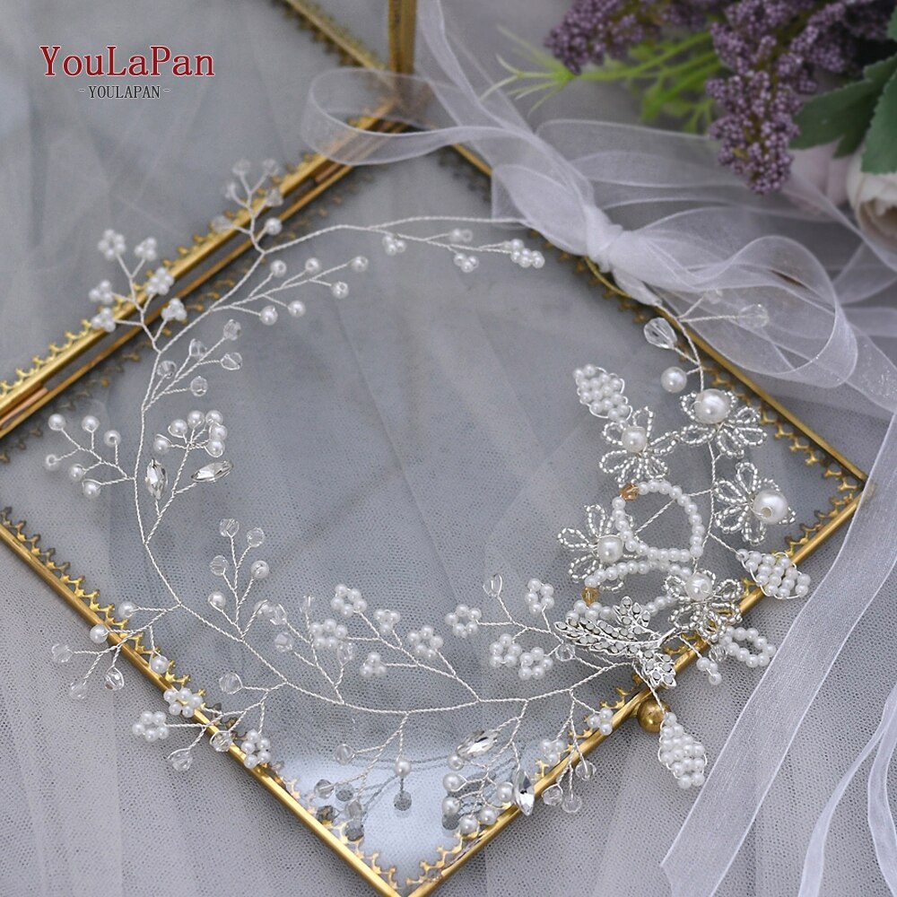 Extensiones de pelo de novia Vintage TOPQUEEN, diadema de perlas de plata para boda, diadema de cristal para novia HP07