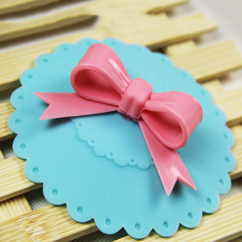 10.5cm Cute Anti-dust Silicone Glass Cup Cover Coffee Mug Suction Seal Lid Cap Silicone Lovely Bowknot Cup Cover: Blue