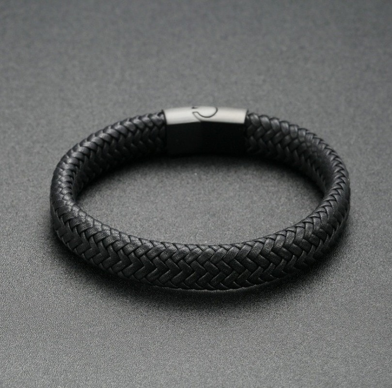 Mænds smykker håndlavet flettet læderarmbånd sort rustfrit stål magnetiske spænder mænds armbånd