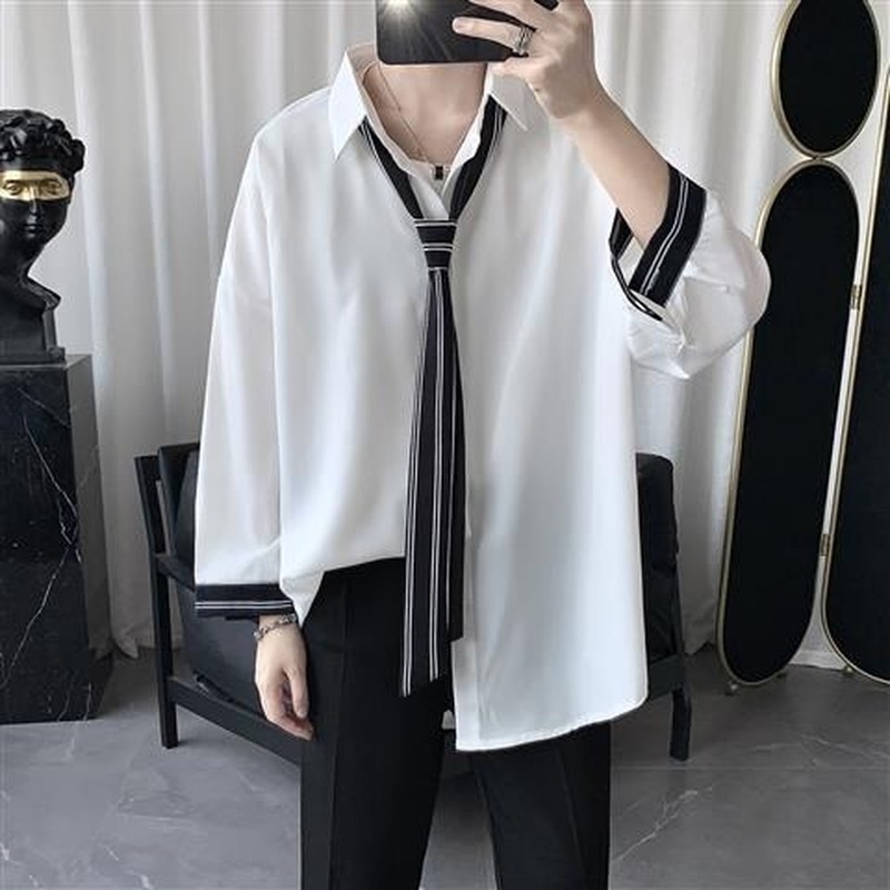 Hommes chemises hommes hauts Patchwork avec cravate Simple loisirs tout-match trois quarts manches Chic coréen mince respirant Chothes en vrac