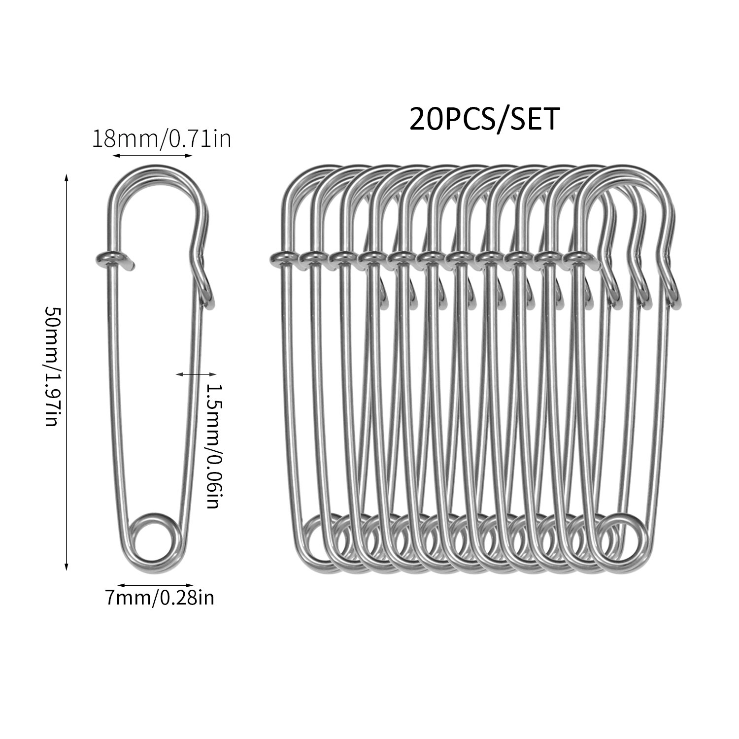 20Pcs Grote Metalen Pin Lengte 50Mm Veiligheidsspelden Rvs Broche Lente Lock Sluitingen Diy Naaien Gereedschap Apparel accessoires: Sliver 20pcs A