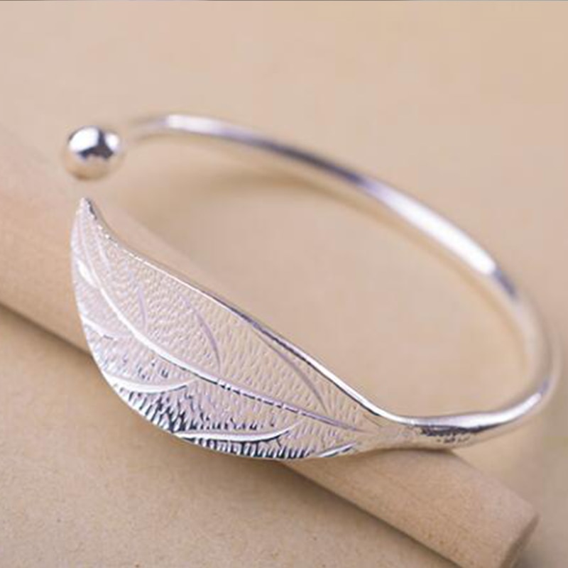 Jisensp Bohemia Big Leaf Bangle Silver Color Leaves Cuff Bracelets & Bangles for Women Everyday Jewelry pulseiras