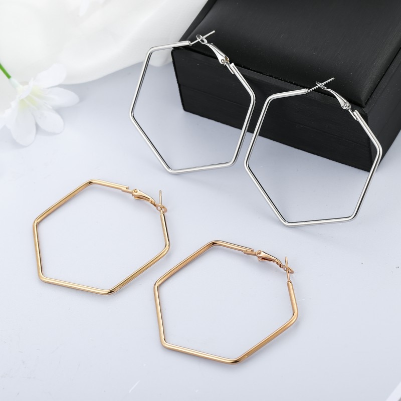 Punk Sieraden Smooth Hexagon Big Hoop Oorbellen Voor Vrouwen Lady Grote Geometrische Hollow Verklaring Oorbel