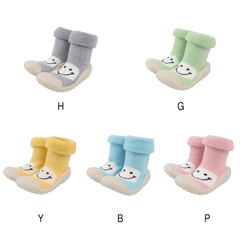 Baby Sokken Met Stap Sok baby Peuter Sokken Baby Rubber gezicht stappen Anti-slip glimlach Lederen Zolen Indoor Vloer schoenen