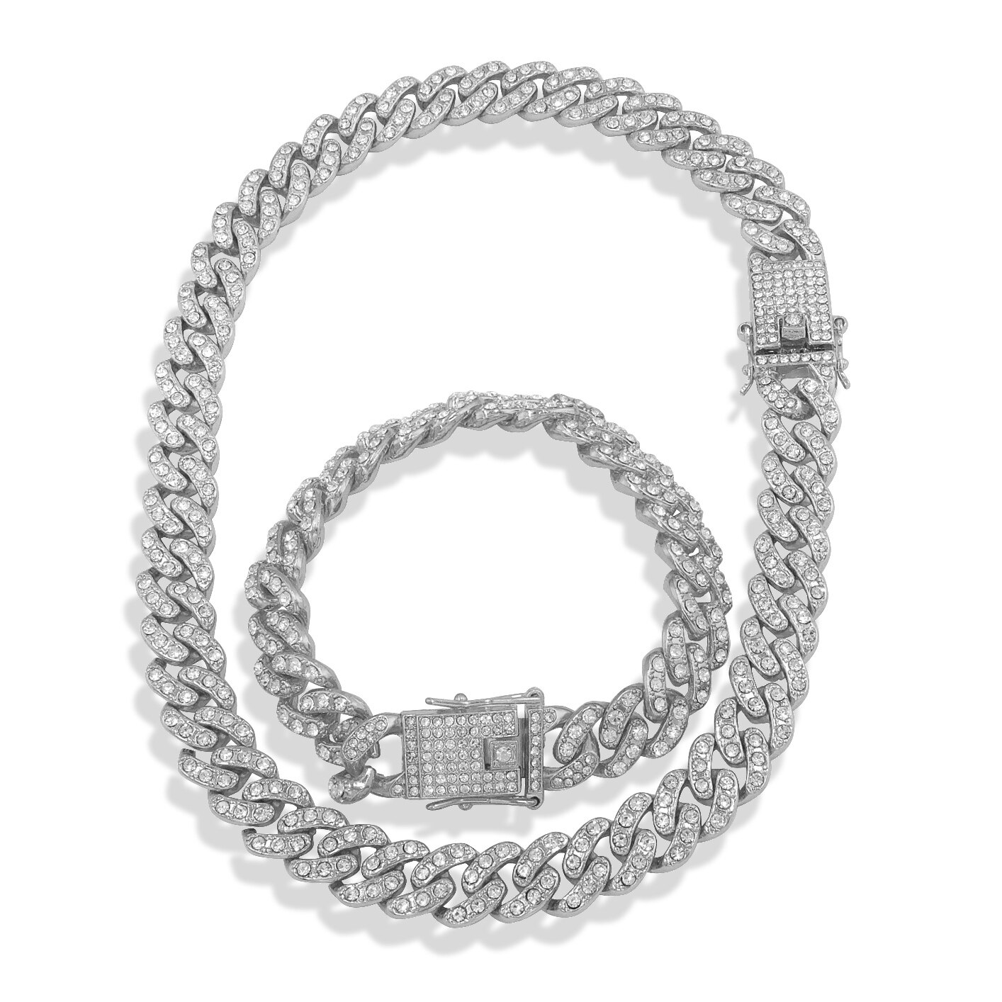 Collar de cadena de eslabones cubanos para hombre, pulsera completa con diamantes, joyería ostentosa de una sola fila, conjunto de joyería de plata y oro de 13MM, novedad: Silver Color Set / 20inch