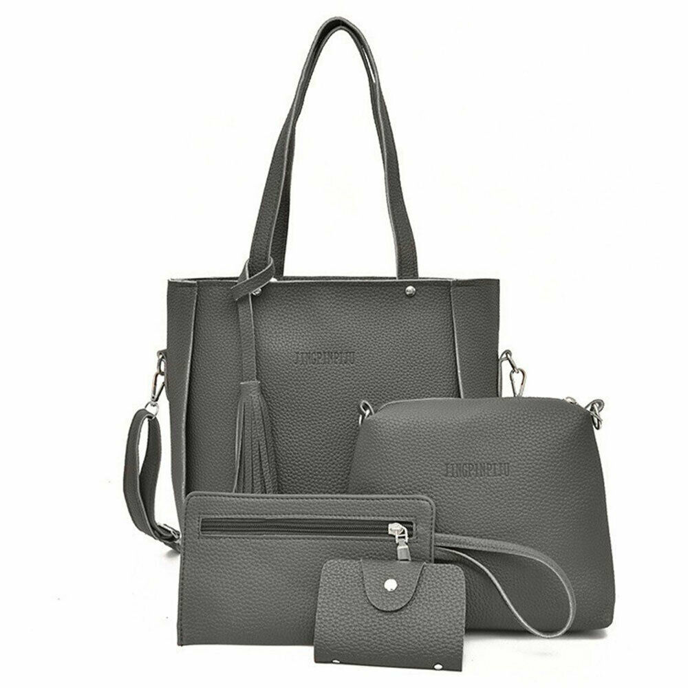 4Pcs Set Women Lychee Pattern Mother-child Four-piece Handbag Messenger Bag Wild Mini Bucket Tassel Single Shoulder: Dark Grey
