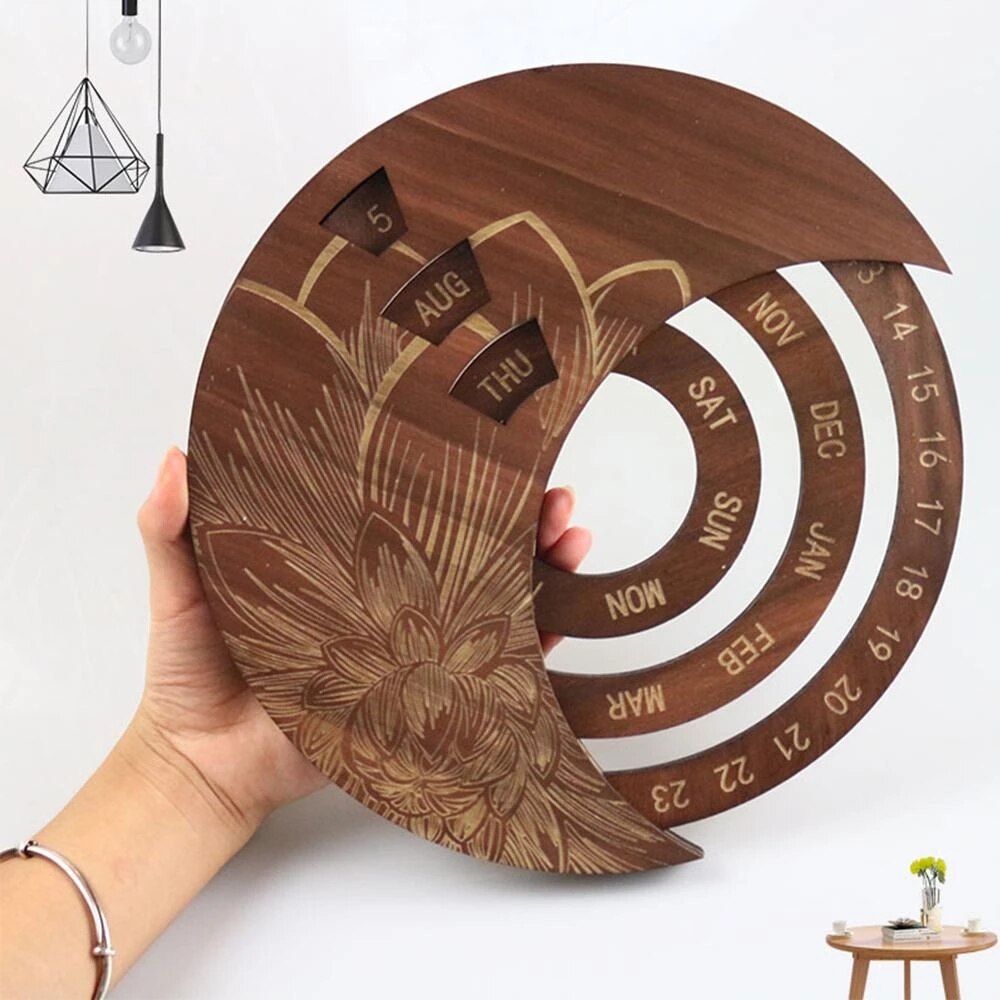 Wooden Round Perpetual Calendar Wooden Wall Calendar Wall Hanging Crafts Decorative Xmas Handicraft Decoration