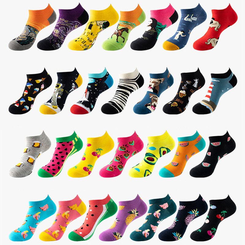 40 Style Colorful Short Socks Men Cotton Novelty Oil Painting Animals Food Avocado Casual Funny Ankle Sox