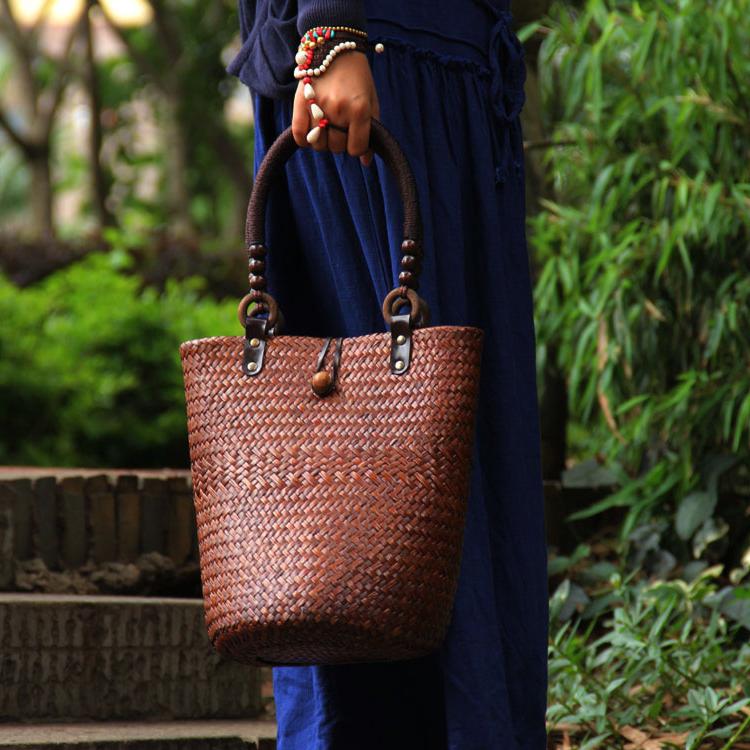 22 Stijl Strozak Rotan Houten Handvat Retro Geweven Zak Emmer Zak Grote Strand Tas: C016 coffee