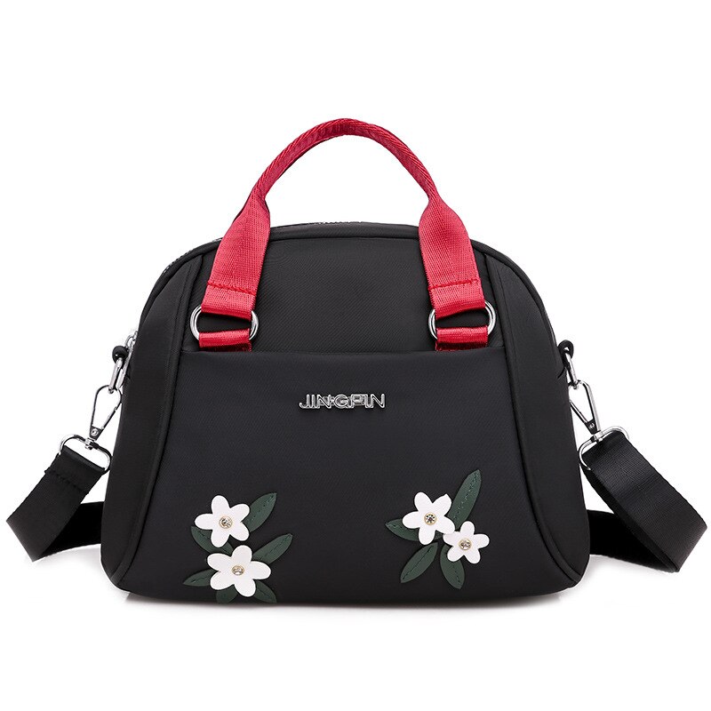 Summer Oxford Crossbody Bags Women Shoulder Bag Floral Embroidery Pattern Zip Wallet Handbag: 2Black