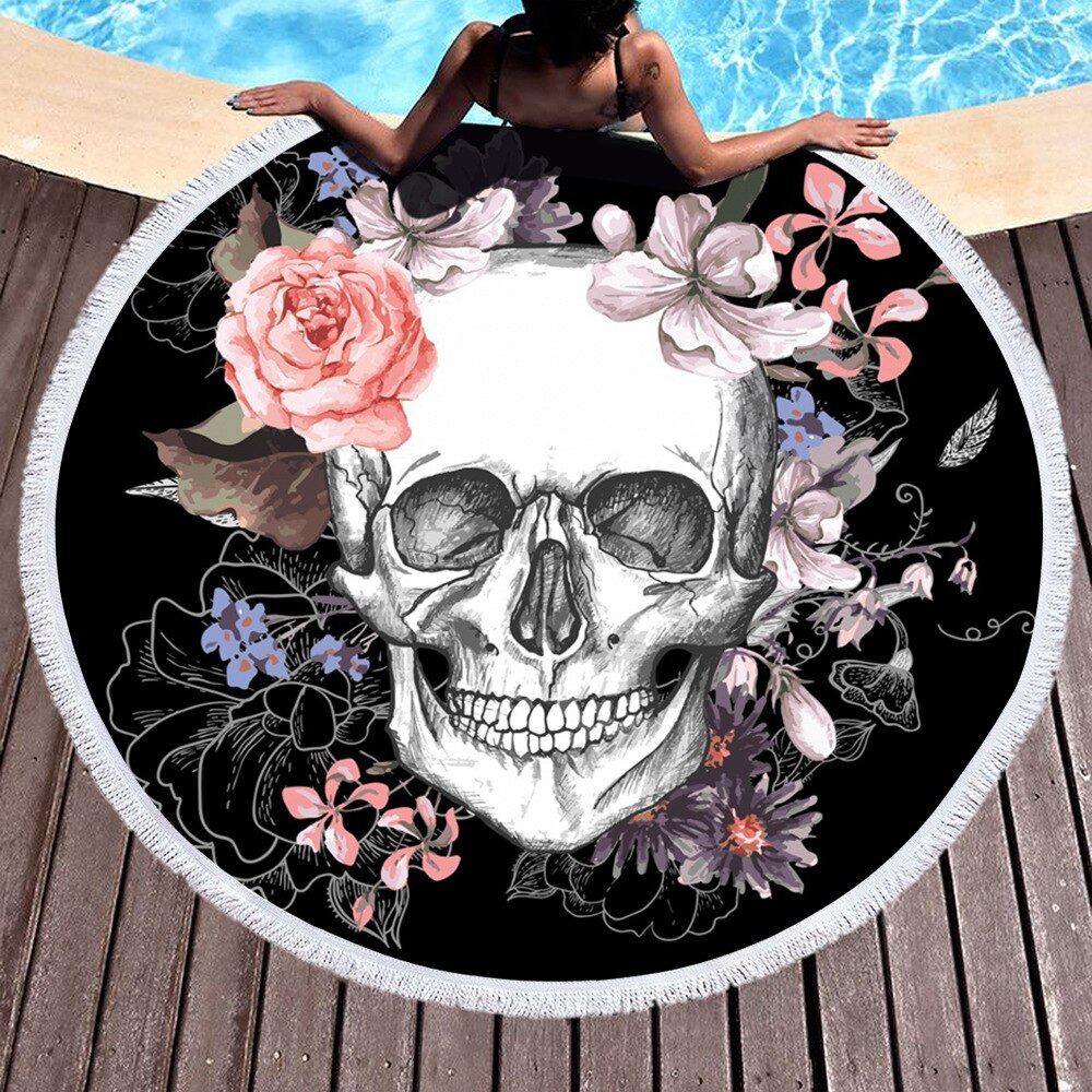 Serviette De Plage ronde en tissu éponge imprimé microfibre avec pompon, motif tortue, tête De mort et Mandala: 01