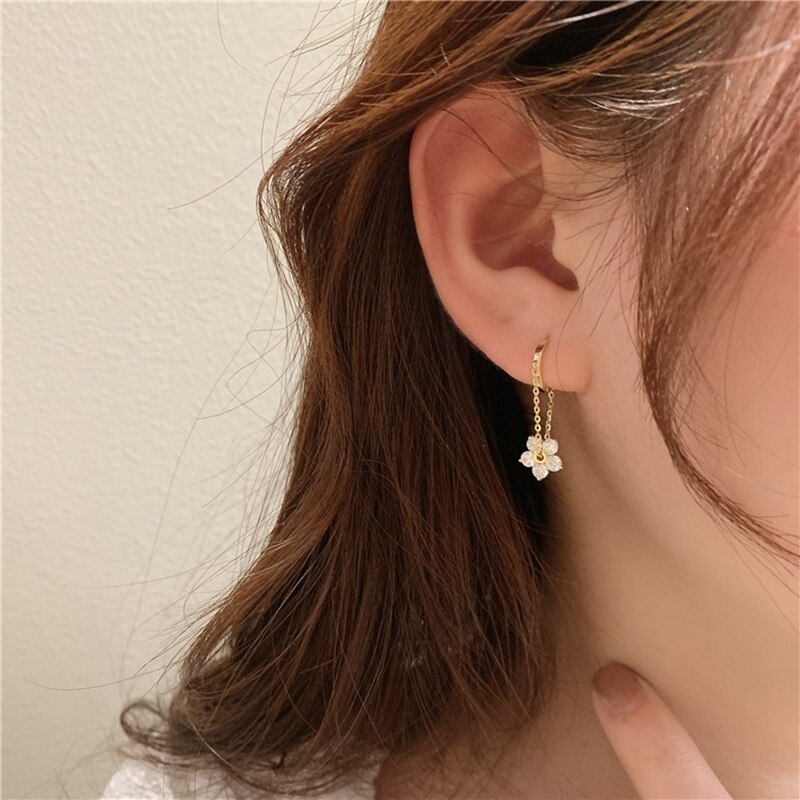 MENGJIQIAO Koreanische Elegante Zirkon Blume Band Ohrringe Für Frauen Mädchen Metall Kette Boucle D'oreille Ohrringe Schmuck