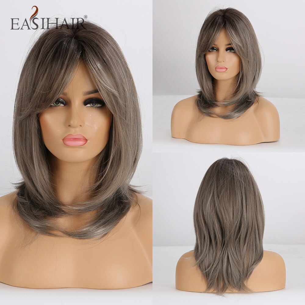 EASIHAIR Synthetic Wigs for Women Grey Short Wigs with Bangs Layered Natural Hair Wigs Daily Bob Hairstyle Wig Heat Resistant: LC242-2