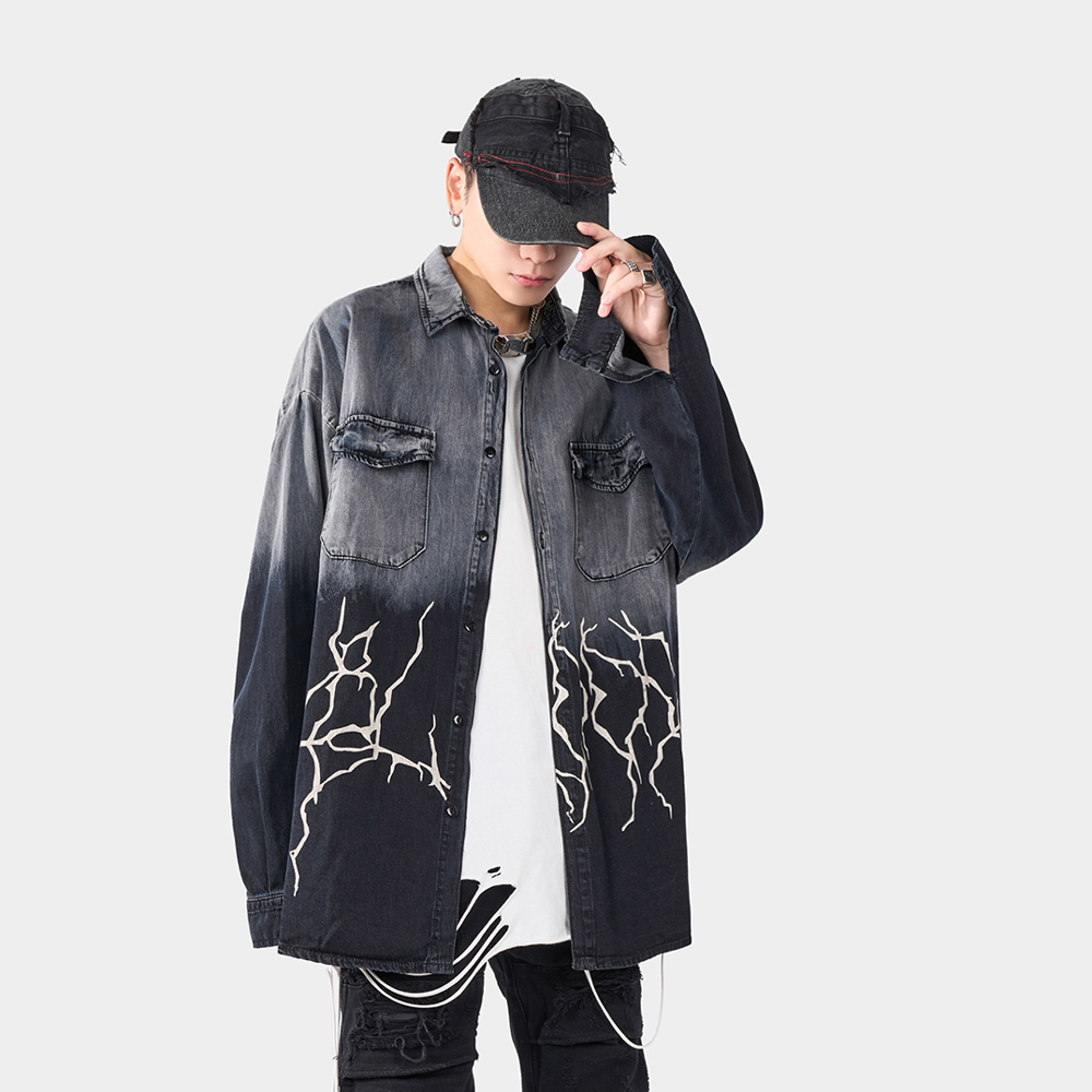 Jean Jacket Streetwear Men Clothing Lightning Graphic Denim Jacket Vintage Clothes Long Sleeve Goth Men Shirts Harajuku Shirt