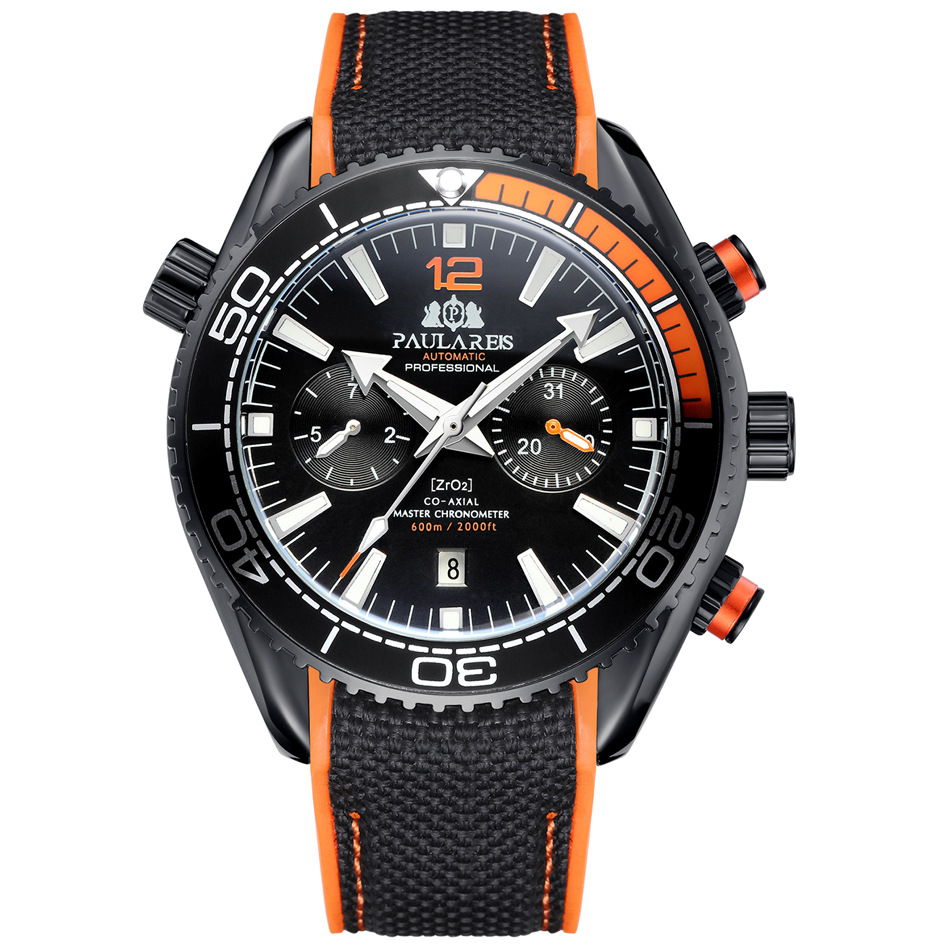 PAULAREIS P, reloj mecánico automático de lujo para hombre, correa de goma, resistente al agua, fecha luminosa, relojes de para hombre: Rojo