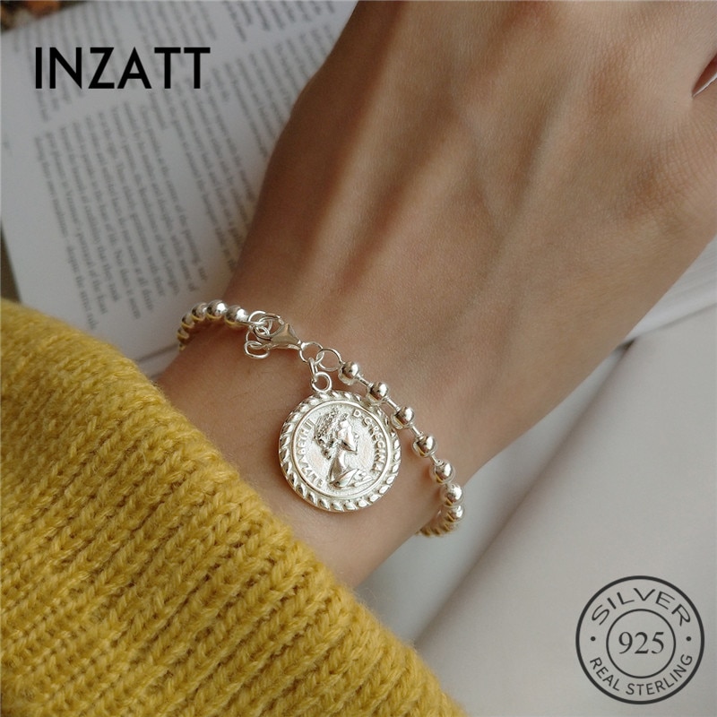 INZATT réel 925 en argent Sterling disque Portrait sculpture gothique Bracelet pour les femmes fête lumière perles chaîne FINE bijoux