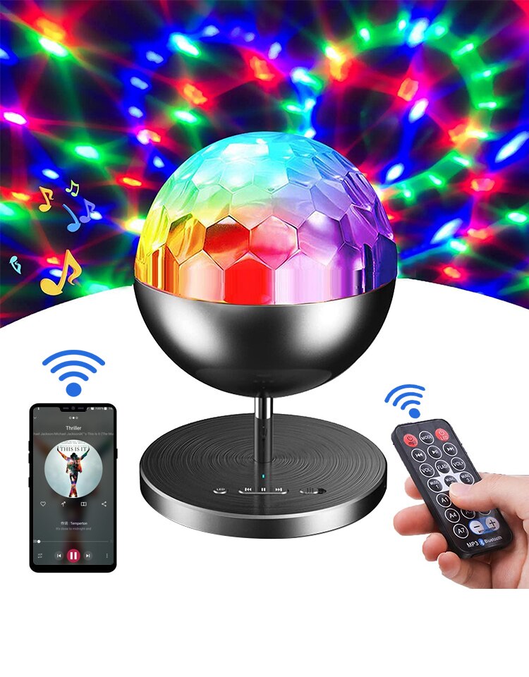 Disco Ball Party Lights with Bluetooth Speaker Portable Rotating Light Sound Activated LED Strobe Lamp