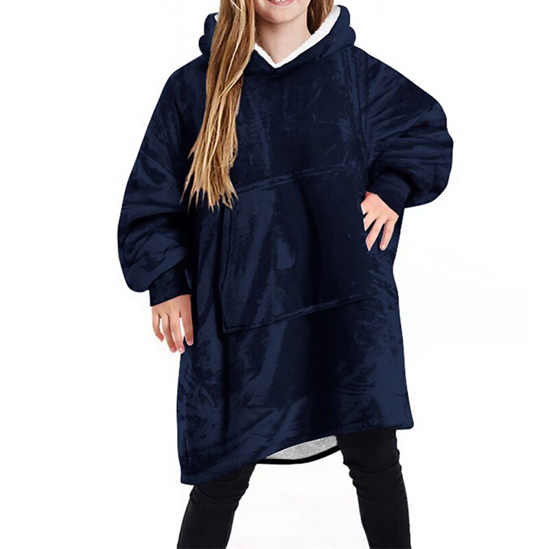 Winter Warm TV Sofa Blanket with Sleeves Fleece Pocket Hooded Weighted Blanket Adults Kids Oversized Sweatshirt Blanket for Bed: Navy Blue