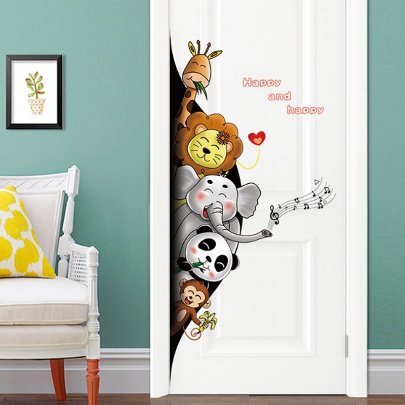 Cartoon Animals 3D Wall Stickers For Kids Room Friendly Panda Elephant Monkey Wallpaper Door Decor