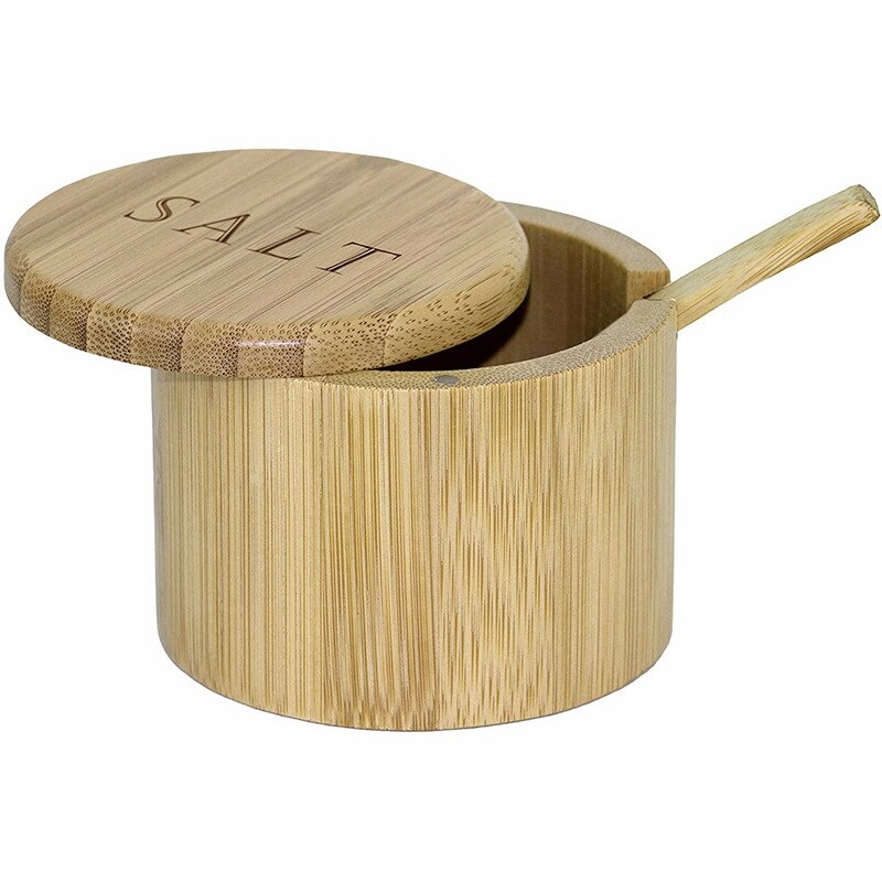 JHD-Salt Box, Bamboo Storage Box With Magnetic Swivel Lid, Salt Engraved On Lid With Bamboo Spoon Bamboo Salt Keeper: Default Title