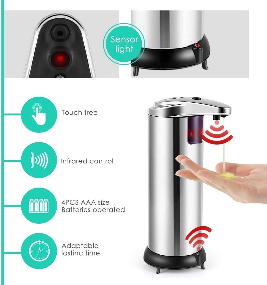 250ml sæbedispenser rustfrit stål automatisk smart sensor flydende sæbedispenser induktionsdispenser hjem køkken badeværelse