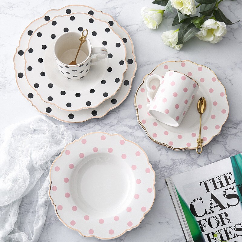 10inch Food Tray Gold Edge Dinnerware Set Polka Dot Dinner Plate Set Soup Dish Steak Flat Plate Flower Shape Breakfast Tableware