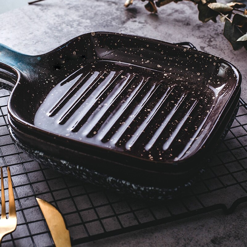 FANCITY-Plato cuadrado Vintage con mango, bandeja de cerámica para hornear, plato para horno, plato para arroz horneado