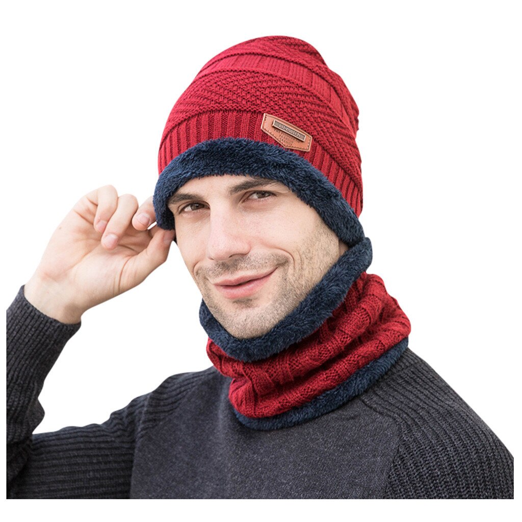 Mænds vinter hat krave sæt plus fløjl tyk strik hat og lyddæmper efterår og vinter varm tykkere tørklæder tørklæde tilbehør