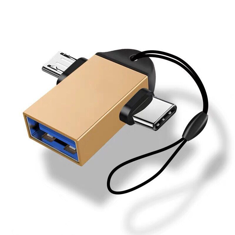 Android Type-C 2 In 1 OTG Micro USB Host Power T Splitter USB 3.1 Adapter: Golden lanyard